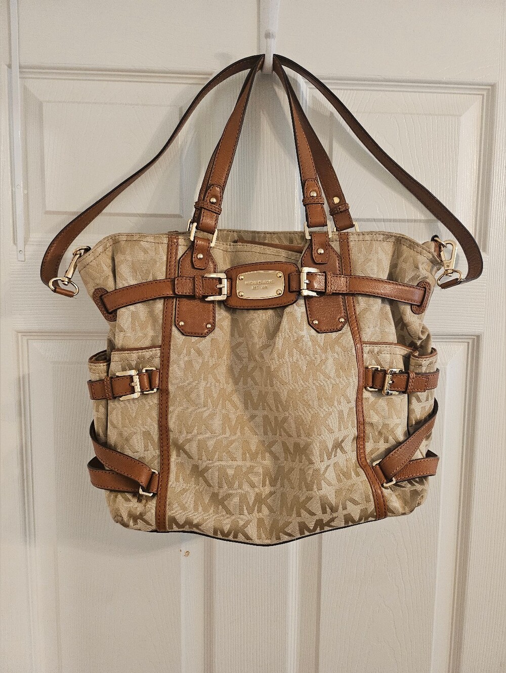 Michael Kors Beige Logo Shoulder Bag with Brown Trim
